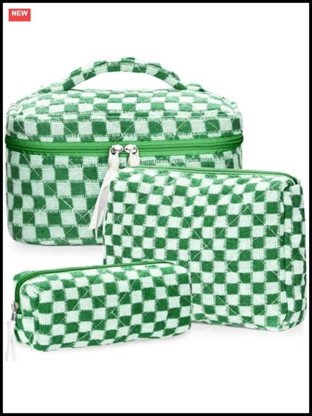 Quilted Corduroy Makeup Bag Set 3Pcs Checkered Cosmetic Toiletry Pouch